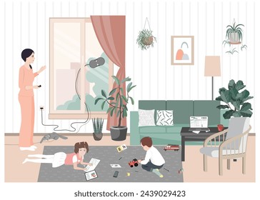 Woman, mom of two kids, cleaning windows at home with vacuum robotic cleaner. Woman that is a mother, housekeeper and business lady at the some time. Vector illustration