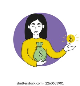 Woman with money bag and cent. Dollar sign, financial management, savings, banking, deposit, investment, currency, bank. Vector illustration in yellow and purple colors on white background