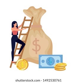 woman with money bag and stairs