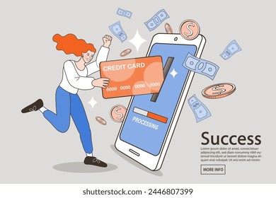 Woman with money banknotes flying into the air outline. woman holding plastic card and girl with coin. Salary, credit balance and budget concept. Successful Business. Cartoon Vector Illustration.