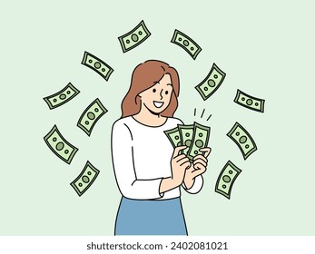 Woman with money banknotes rejoices at receiving high income for work performed or services provided. Lucky girl won money jackpot in casino or got rich after participating in lottery