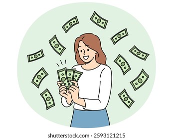 Woman with money banknotes rejoices at receiving high income for work performed or services provided. Lucky girl won money jackpot in casino or got rich after participating in lottery