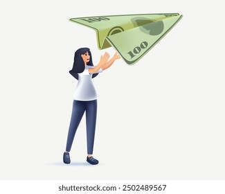 Woman with money dollar bill airplane. Successful people characters making money. Business and finance, saving money theme. Career, salary, earnings profit