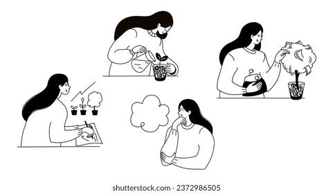 Woman and money, financial literacy and successful investment black and white doodle illustrations set.