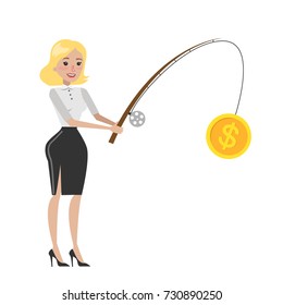 Woman money fishing with rod and golden coin.