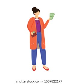 Woman with money flat vector illustration. Rich person. Employer gives salary. Getting paid for work. Female holds dollars. Girl with cash isolated cartoon character on white background