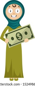 Woman with money, illustration, vector on white background.