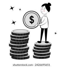 Woman and money on a white background. Doodle