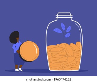 Woman with money. Savings. Young female african american character with huge coin and jar of coins. Vector color line art illustration.