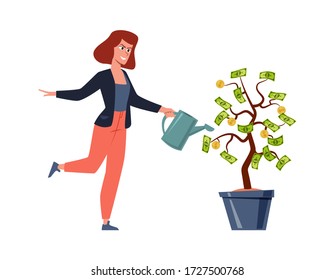 Woman and money tree. Rich person with investement business vector finance income revenue concept