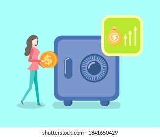 Woman with money vector, banking service American dollars profit of deposit lady holding coin gold financial assets carrying to strongbox with code