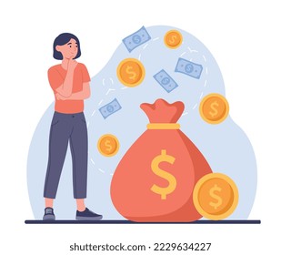 Woman with money. Young girl stands next to bag of gold coins against background of falling banknotes. Successful investor or entrepreneur, passive income concept. Cartoon flat vector illustration