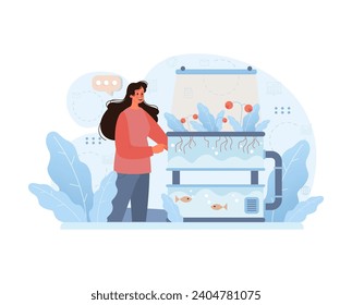 Woman monitoring a multi-tiered hydroponic system, cultivating fresh produce above and fish below, illustrating urban aquaponics farming. Flat vector illustration