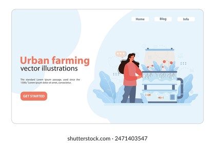 Woman monitoring a multi-tiered hydroponic system, cultivating fresh produce above and fish below, illustrating urban aquaponics farming. Flat vector illustration
