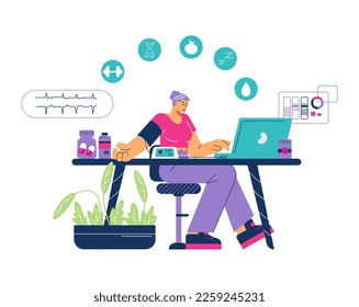 Woman monitors her health with help of special biohacking program, cartoon flat vector illustration isolated on white background. Biohacking or body hacking.