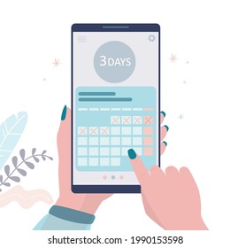 Woman monitors menstrual cycle. App for monitoring periods on smartphone screen. Girl marks beginning of period on calendar. Hands holds phone with menstruation intimate tracker. Vector illustration