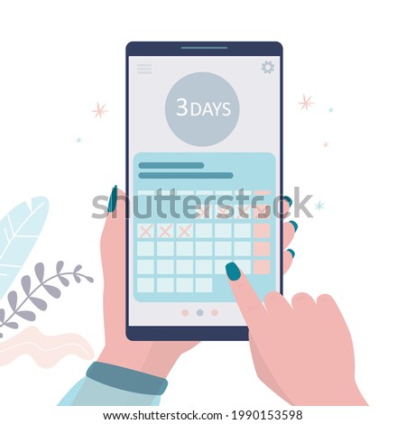 Woman monitors menstrual cycle. App for monitoring periods on smartphone screen. Girl marks beginning of period on calendar. Hands holds phone with menstruation intimate tracker. Vector illustration