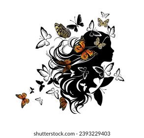Woman monochrome Profile, Butterflies, Girl's head with butterflies. hand drawing. Not AI. Vector illustration