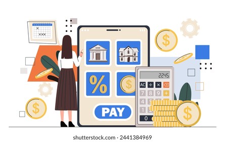 Woman with monthly payments. Young girl with calculator and golden coins. Financial literacy, budgeting and accounting. Investing and trading, business. Cartoon flat vector illustration