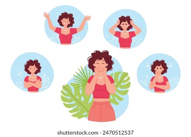 Woman mood disorders. Distracted girl change face emotion or moods expressions behaviour, hormone balance problem female menopause angry happy anxiety person vector illustration of mental mood