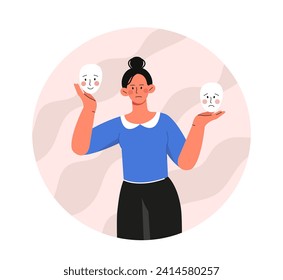 Woman with mood masks concept. Young girl with face masks. Lier and pretender. Fake emotions and facial expressions. Character with mental illness, bipolar disorder. Cartoon flat vector illustration