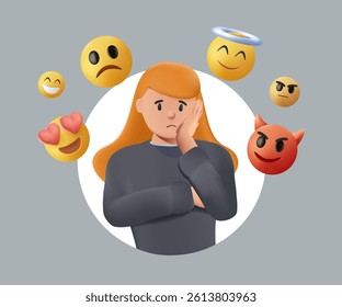 Woman with mood. Young girl in pink sweater stands and holds her head. Psychology and mental health, emotional burnout. Character suffers from Bipolar disorder. Cartoon 3D vector illustration