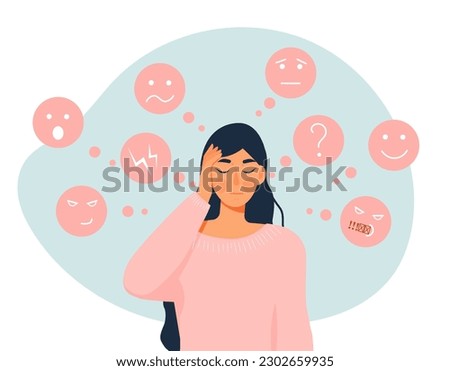 Woman with mood. Young girl in pink sweater stands and holds her head. Psychology and mental health, emotional burnout. Character suffers from Bipolar disorder. Cartoon flat vector illustration [[stock_photo]] © 