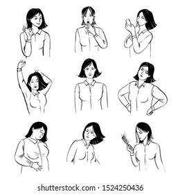 woman moods set. Sketch vector illustration of woman in various moods.