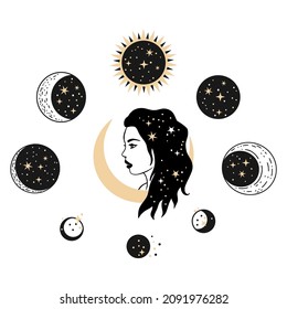 Woman Moon Celestial Astrology Boho Esoteric Magic Print - Spiritual Star Tattoo