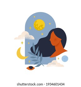 A woman and the moon. Woman's beauty, wellness, feminine concept. Trendy abstract illustration of a woman with a beautiful face and sunbathing flat vector.