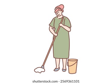 Woman mopping the floor with cleaning equipment and smiling. Hand drawn style vector design illustrations.
