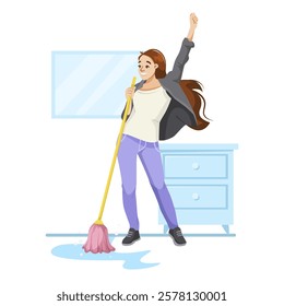 Woman mopping floor joyfully in casual attire. Vector illustration