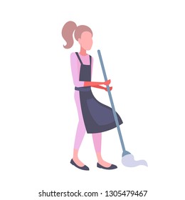 woman mopping floor with mop housewife wearing apron using flat wet-mop flat full length isolated