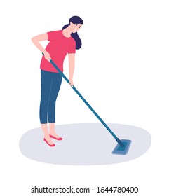 Mujer cortando el suelo con un MOP. Ilustración vectorial en un estilo moderno.