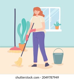 woman mopping at home cartoon