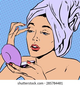 Woman morning after a shower do makeup  style art pop retro