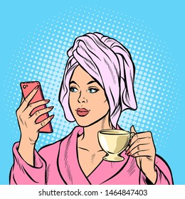 woman morning bathroom coffee smartphone. Pop art retro vector illustration drawing