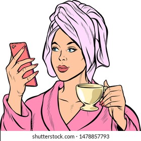 woman morning bathroom coffee smartphone. Pop art retro vector illustration drawing