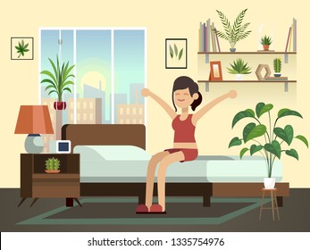 Woman morning. Happy fun young healthy awakening person relax in bed getting up bedroom cartoon illustration