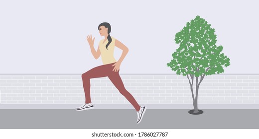 Woman - morning jog - brick wall, tree - vector. Healthy lifestyle. Car Free Day