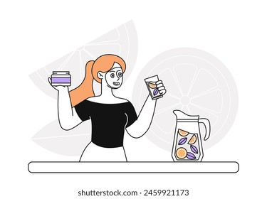 Woman with morning routines simple. Girl applying face mask. Character with cold drink with fruits. Daily scene of healthy lifestyle. Doodle flat vector illustration isolated on white background