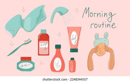 Woman morning skincare routine, Set of bottles, jars and tubes with organic cosmetics. Doodle style vector illustration 