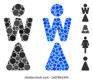 Woman mosaic of filled circles in variable sizes and color hues, based on woman icon. Vector random circles are composed into blue mosaic. Dotted woman icon in usual and blue versions.
