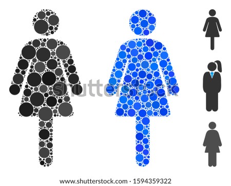 Woman mosaic of filled circles in variable sizes and shades, based on woman icon. Vector random circles are grouped into blue mosaic. Dotted woman icon in usual and blue versions.