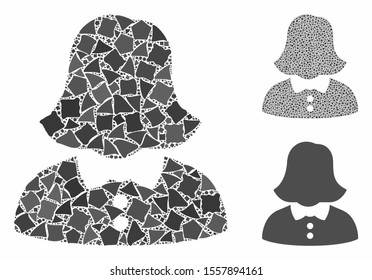 Woman mosaic of tuberous items in various sizes and color hues, based on woman icon. Vector trembly items are composed into illustration. Woman icons collage with dotted pattern.