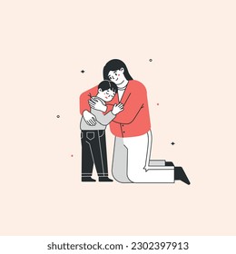 A woman mother embracing her young son. A mother soothes her son. A mother's warm embrace and support.