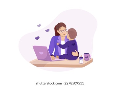 Woman mother freelancer working home with child. Vector illustration. Work during motherhood. Mom works at the laptop, and the child sits nearby on the table. Loving mother with a baby. Pink, lilac.