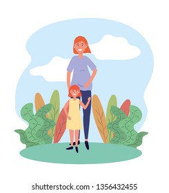 woman mother with her cute daughter and plants