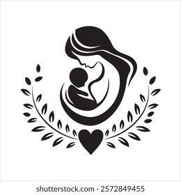 Woman or Mother hold her baby silhouette with  floral elements, Motherhood and newborn concept