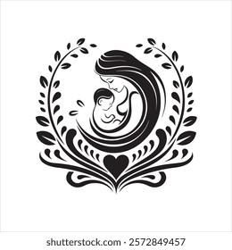 Woman or Mother hold her baby silhouette with  floral elements, Motherhood and newborn concept